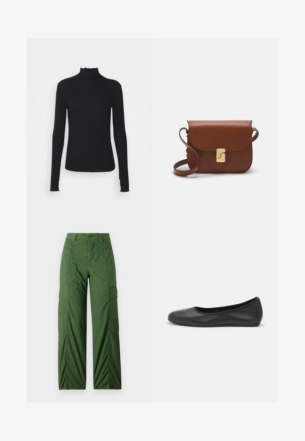 Črn dolg rokav turtleneck zgornji del iz gladkega materiala, ki se ponaša z nabranim ovratnikom in prilegajočim silhueto s preprostimi robovi.; Zelene cargo hlače iz lahkega materiala, s sproščenim krojem, stranskimi žepi in gumbom za zapiranje v pasu.; Črne usnjene balerinke z zaobljenim nosom, gladko teksturo, minimalnimi šivi in fleksibilno zasnovo podplata.; Rjava usnjena torbica s poklopcem, zlato obarvani okovi, naramnica in gladka tekstura. Kompaktna pravokotna oblika.