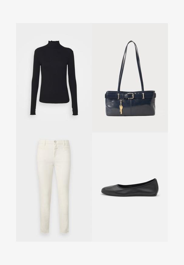 Musta pitkähihainen poolotoppi, joka on valmistettu sileästä kankaasta, jossa on röyhelökaulus ja tiukka siluetti yksinkertaisilla reunoilla.; Vaaleanbeiget farkut, joissa on kapea malli, valmistettu puuvillasekoitekankaasta, jossa on viiden taskun malli ja vetoketjukiinnitys metallinapilla.; Musta nahkainen ballerina, jossa on pyöristetty kärki, sileä pinta, minimaalinen ommelkoristelu ja joustava pohjamuotoilu.; La handbagin sininen nahka, jossa on kaksi pitkää kahvaa, Buckle-yksityiskohta ja avaimenperä kiinnitettynä. Sen pinta on sileä ja muoto on suorakulmainen.