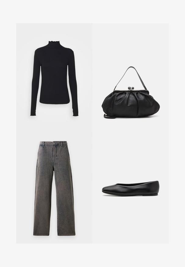 Musta pitkähihainen poolotoppi, joka on valmistettu sileästä kankaasta, jossa on röyhelökaulus ja tiukka siluetti yksinkertaisilla reunoilla.; Lepat lahke hlače v bledi sivi tkanini, z zapenjanjem na gumb, zankami za pas in stranskimi žepi z subtilno teksturo.; Paul Smith TOPANGA - Ballerinat - black; Musta nahkalaukku, jossa on pyöreä, poimutettu muotoilu. Varustettu metallisella lukolla, jossa on kaksi koristepalloa ja ohut, irrotettava olkahihna.