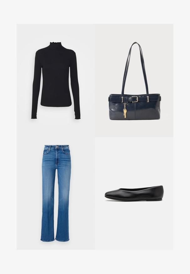 Top preto de manga longa com gola alta, feito de um tecido suave, apresentando uma gola fruncida e uma silhueta ajustada com bordas simples.; Jeans flare de denim azul com cintura alta, apresentando um fechamento com botão, design de cinco bolsos e um gradiente de lavagem do tom claro para o escuro.; Paul Smith TOPANGA - Sabrinas - black; Bolsa de couro azul-marinho com duas alças longas, um detalhe de fivela e um porta-chaves anexado. Apresenta uma textura suave e uma forma retangular.