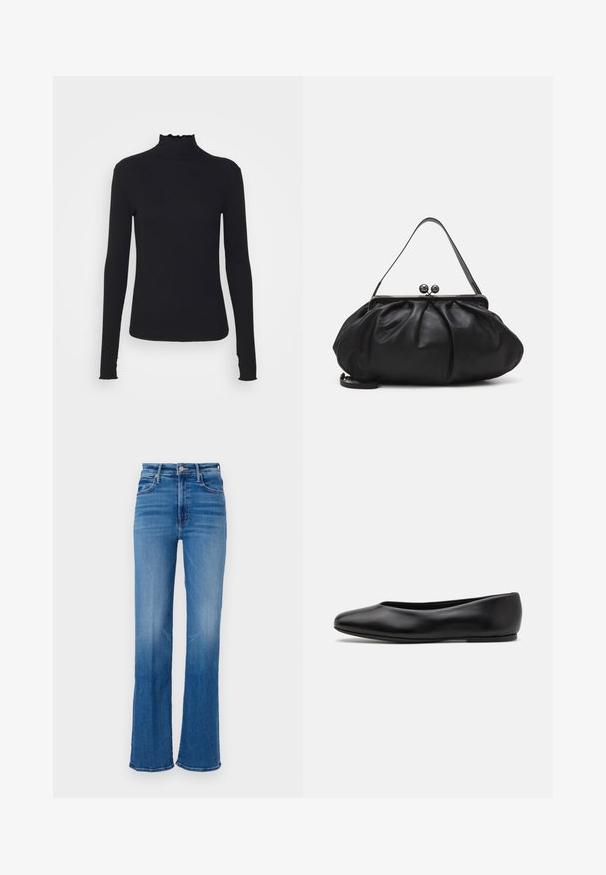 Črn dolg rokav turtleneck zgornji del iz gladkega materiala, ki se ponaša z nabranim ovratnikom in prilegajočim silhueto s preprostimi robovi.; Modre flare jeans z visokim pasom, ki imajo gumb z zapiranjem, obliko s petimi žepi in gradient od svetle do temnejše prave.; Paul Smith TOPANGA - Balerinke - black; Črna usnjena torbica za roke z zaobljeno, naborkano zasnovo. Opremljena je z metalnim zapiralom z dvema dekorativnima kroglicama in tankim, odstranljivim trakom.