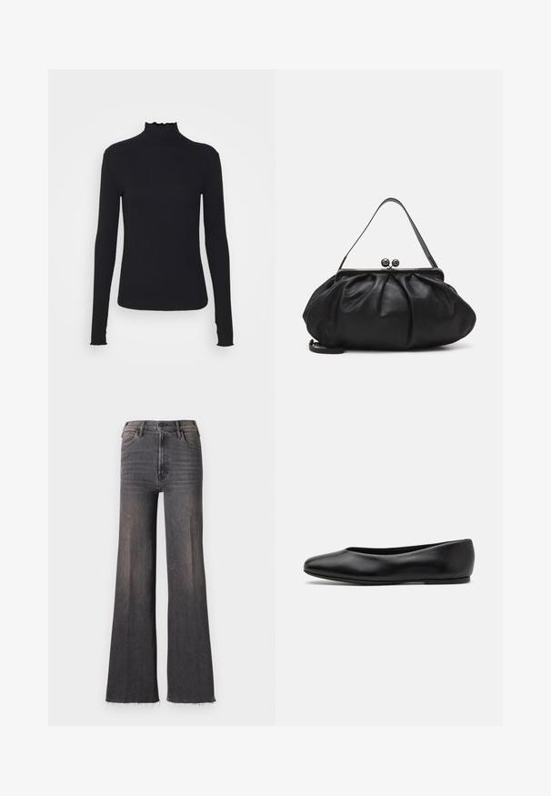 Haut à manches longues noir en col roulé, fabriqué en tissu lisse, présentant un col volanté et une silhouette ajustée avec des bords simples.; Jean large taille haute noir délavé avec fermeture à bouton, poches avant et ourlets effilochés.; Paul Smith TOPANGA - Ballerines - black; Sac à main en cuir noir avec un design arrondi et plissé. Il possède un fermoir métallique avec deux boules décoratives et une bandoulière fine et amovible.