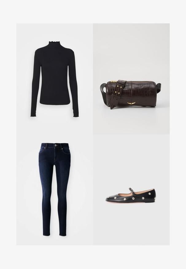 Top negru cu mânecă lungă și guler înalt, realizat dintr-un material neted, având un guler cu volane și o siluetă ajustată cu margini simple.; Jeans skinny de culoare albastru închis, din denim, cu talie înaltă, design cu cinci buzunare și accesorii de cusătură pe buzunare și talie.; Pantofii Mary Jane din piele neagră, cu vârful rotund, decorati cu nasturi circulari argintii și o curea ajustabilă cu cataramă.; Geantă din piele căptușită cu un model de crocodil de culoare maro, cu o formă cilindrică, accesorii de culoare aurie și un curea detasabilă cu tăieturi.