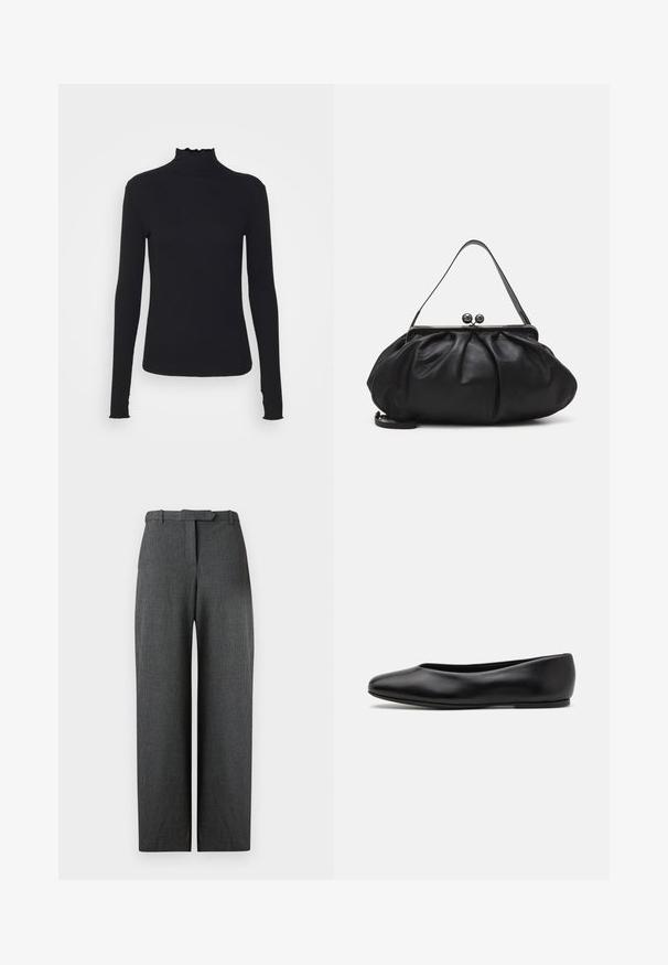 Black long-sleeve turtleneck top made of smooth fabric, featuring a ruffled neck and fitted silhouette with simple edges.; Gray textured wide-leg pants with a tailored fit, featuring a belt loop waistband and side pockets, crafted from a polished fabric.; Paul Smith TOPANGA - Ballet pumps - black; Black leather handbag with a rounded, pleated design. Features a metallic clasp with two decorative balls and a slim, detachable strap.