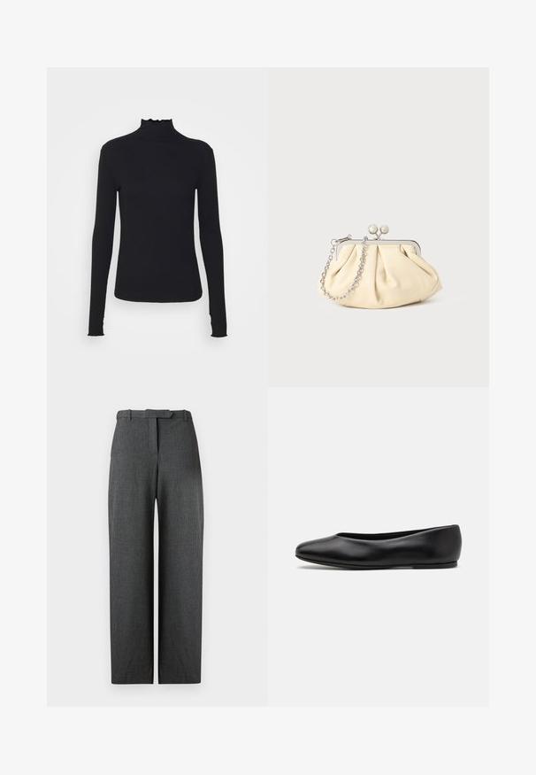 Musta pitkähihainen poolotoppi, joka on valmistettu sileästä kankaasta, jossa on röyhelökaulus ja tiukka siluetti yksinkertaisilla reunoilla.; Harmaat teksturoidut leveälahkeiset housut, joissa on muotoiltu istuvuus, vyölenkillinen vyötärö ja sivutaskut, valmistettu kiiltävästä kankaasta.; Paul Smith TOPANGA - Ballerinat - black; Beige nahkaista kassi, jossa on laskostus ja hopeinen metallirunko, kaksi pyöreää koristeellista solkea sekä hopeaketjuolkayh.