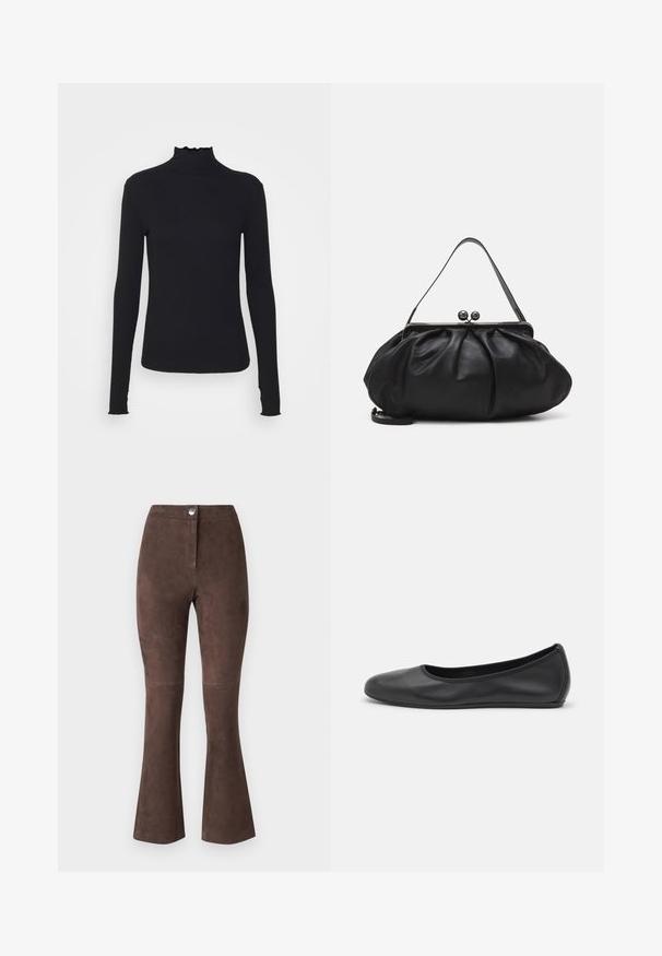 Must kannus varrukatega turtleneck, mis on valmistatud siledast kangast, koos rippuvate kraede ja liibuva siluetiga, millel on lihtsad servad.; STUDIO ID PANTS - Nahkpüksid - brown; Musthave mustika tantsutossud mustast nahast, ümmarguse varbaga, siledast tekstuurist, minimaalse õmblusdetailiga ja paindliku tallakujundusega.; Must mustrida nahk-kott ümmarguse, kortsunud disainiga. Varustatud metallist klambriga, millel on kaks dekoratiivset palli ja õhuke, eemaldatav rihm.