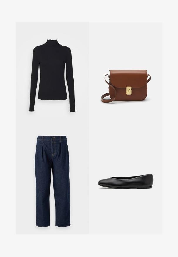 Musta pitkähihainen poolotoppi, joka on valmistettu sileästä kankaasta, jossa on röyhelökaulus ja tiukka siluetti yksinkertaisilla reunoilla.; Tumman siniset farkut, joissa on korkea vyötärö, etupleatit ja suora lahje. Kontrastisiirtosaumat ja yksi napitus.; Paul Smith TOPANGA - Ballerinat - black; Ruskea nahkainen käsilaukku, jossa on läppäkiinnitys, kultasävyiset yksityiskohdat, olkahihna ja sileä pinta. Kompaktin suorakaiteen muotoinen.