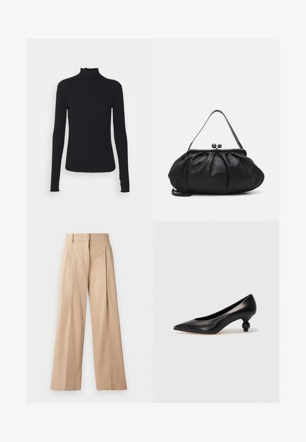 Zwarte langärmelige turtleneck top van soepel stof, met een gerimpelde hals en een aansluitende silhouet met eenvoudige randen.; Licht beige wijde broek van glad, lichtgewicht stof. Kenmerkend zijn de plooien aan de voorkant, een op maat gemaakte tailleband en een rechte snit.; Zwarte leren hoge hak schoen met een spitse neus en een ronde, bolle hak. Gladde textuur met een elegant, minimalistisch ontwerp.; Zwarte leren handtas met een afgerond, geplooid ontwerp. Voorzien van een metalen sluiting met twee decoratieve bollen en een smalle, afneembare schouderband.