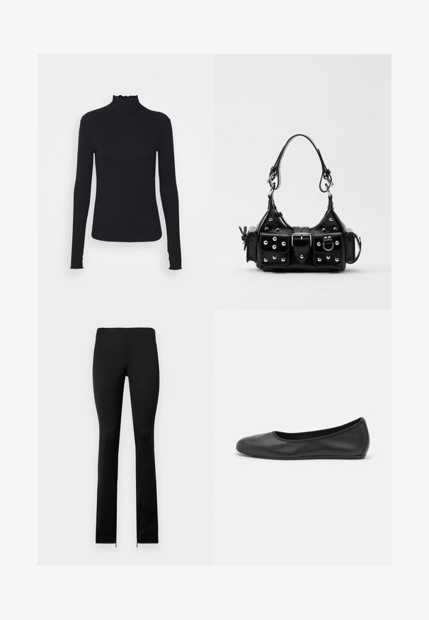 Juodas ilgomis rankovėmis turtleneko tipo viršus, pagamintas iš lygaus audinio, su raukšlėtu kaklu ir prigludusia siluetu, turinčiu paprastus kraštus.; Juodos, prigludusios legginsai su sklandžiu paviršiumi, turintys aukštą liemenį ir užtrauktukus prie kulkšnies patogesniam užsidėjimui. Paprastas, minimalistinis dizainas.; Juodai odiniai baletai su apvaliu pirštu, lygi texture, minimalus siuvimo detales ir lanksčiu padų dizainu.; Juodas odinis rankinukas su kreiviu dizainu, su sidabro spalvos knopkėmis, užsegimu ir dviem šoninėmis kišenėmis. Reguliuojama dirželis nešimui.