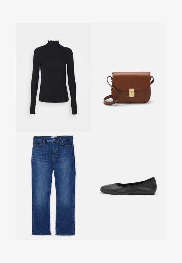Čierny dlhý rukáv turtleneck top vyrobený z hladkej látky, s volánovým golierom a priliehavou siluetou s jednoduchými okrajmi.; Modré džínsy so rovnou nohavicou, ktoré majú päť vreciek, zapínanie na gombík a jemné vyblednutie na nohách. Hlavné švy a lem sú prešité.; Čierne kožené baleríny s okrúhlou špičkou, hladkým povrchom, minimálnym prešívaním a flexibilným dizajnom podrážky.; Hnedá kožená kabelka s klopou, zlatými kovovými prvkami, ramenným popruhom a hladkým povrchom. Kompaktný obdĺžnikový tvar.