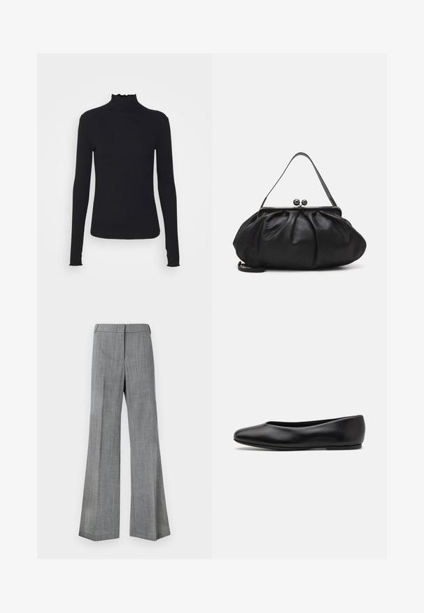 Czarny, długi rękaw, golf z gładkiego materiału, z falbaniastym kołnierzem i dopasowanym krojem z prostymi brzegami.; Szare, szerokie spodnie z teksturowanej tkaniny, z gładkim paskiem w talii i subtelnym wzorem w prążki.; Paul Smith TOPANGA czarny; Czarna skórzana torebka o zaokrąglonym, plisowanym wzorze. Posiada metalowy zamek z dwoma dekoracyjnymi kulkami oraz smukły, odpinany pasek.