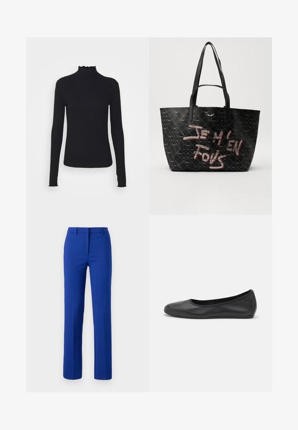 Zwarte langärmelige turtleneck top van soepel stof, met een gerimpelde hals en een aansluitende silhouet met eenvoudige randen.; Blauwe op maat gemaakte broek met een rechte pijpontwerp, een frisse textuur, riemlussen en een voornaad, geschikt voor formele of smart casual gelegenheden.; Zwarte leren ballerina met een ronde neus, gladde textuur, minimale stikdetails en een flexibele zoolontwerp.; Zwarte tote bag van gestructureerd materiaal met een diamanten patroon, schouderbanden en vetrode en witte tekst met de tekst "JE M'EN FOUS."