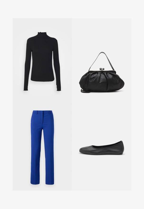 Black long-sleeve turtleneck top made of smooth fabric, featuring a ruffled neck and fitted silhouette with simple edges.; Blue tailored trousers with a straight-leg design, crisp texture, belt loops, and a front crease, suitable for formal or smart casual wear.; Black leather ballet flat with a rounded toe, smooth texture, minimal stitching detail, and a flexible sole design.; Black leather handbag with a rounded, pleated design. Features a metallic clasp with two decorative balls and a slim, detachable strap.