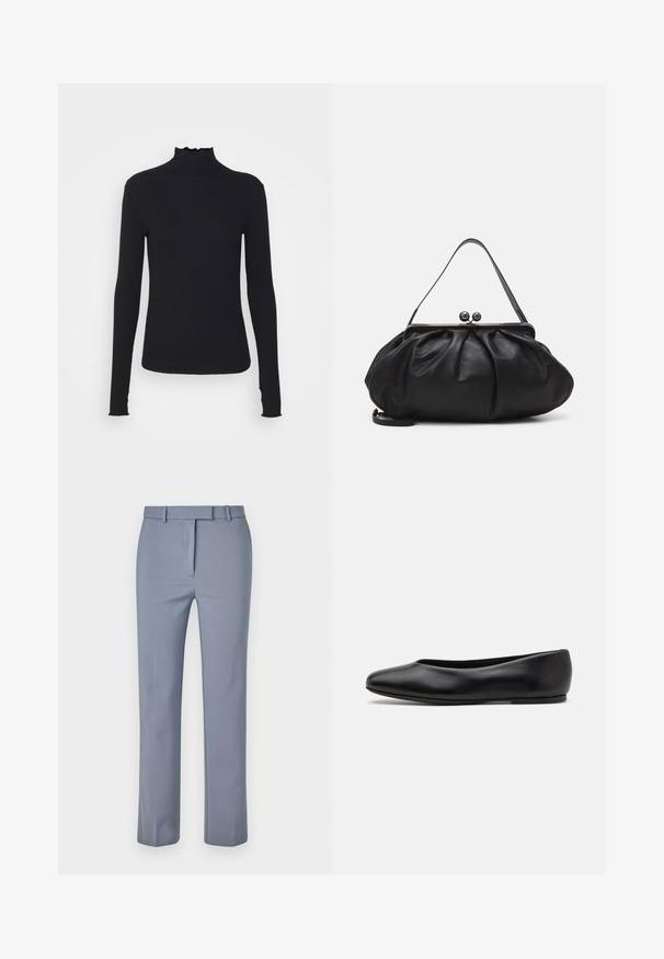 Crni dugi rukav turtleneck majica izrađena od glatkog materijala, s volanima oko vrata i uskim siluetom s jednostavnim rubovima.; Svijetloplave hlače od glatkog materijala, s ravnim prednjim dijelom, petljama za pojas i krojem prilagođenog tijelu s ravnim nogavicama.; Paul Smith TOPANGA - Balerinke - black; Crna kožna torba s zaobljenim, naboranim dizajnom. Ima metalnu kopču s dva ukrasna gumba i tanki, odvojivi remen.