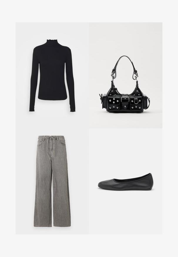 Crni dugi rukav turtleneck majica izrađena od glatkog materijala, s volanima oko vrata i uskim siluetom s jednostavnim rubovima.; Široke sive traperice viskog struka, s vezicom, dva prednja džepa i suptilnim detaljima šivanja.; Crne kožne baletanke s zaobljenim vrhom, glatke teksture, minimalnim detaljima šavova i fleksibilnim dizajnom potplata.; Crna kožna torba s zakrivljenim dizajnom, koja sadrži srebrne zakovice, kopču i dva bočna džepa. Podesiva traka za različite opcije nošenja.
