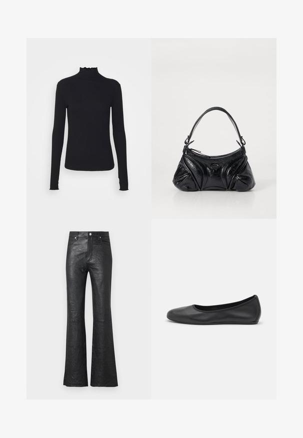 Sort langærmet turtleneck top lavet af glat stof, med en rynket krave og tætsiddende silhuet med enkle kanter.; Sorte læder flared bukser med en krøllet tekstur, høj talje, forlommer og en klassisk knaplukning med lynlås.; Sort læderballetsko med rund tå, glat tekstur, minimal syning og et fleksibelt såldesign.; Sort håndtaske lavet af tekstureret læder med en rund form. Har en tynd skulderrem og dekorative præget mønstre.; Weekend Max Mara SENAPE - Handsker - nero