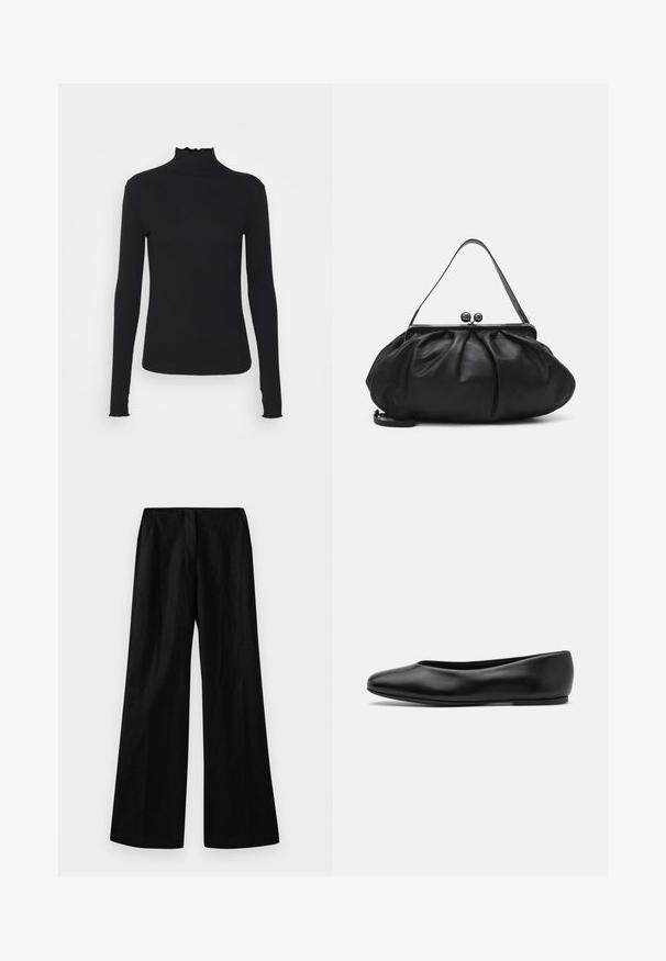 Czarny, długi rękaw, golf z gładkiego materiału, z falbaniastym kołnierzem i dopasowanym krojem z prostymi brzegami.; Czarne szerokie spodnie wykonane z fakturowanej tkaniny. Posiadają wysoki stan oraz czyste fałdy z przodu, z prostym krojem aż do dołu.; Paul Smith TOPANGA czarny; Czarna skórzana torebka o zaokrąglonym, plisowanym wzorze. Posiada metalowy zamek z dwoma dekoracyjnymi kulkami oraz smukły, odpinany pasek.