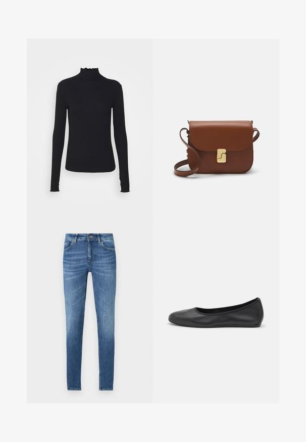 Crni dugi rukav turtleneck majica izrađena od glatkog materijala, s volanima oko vrata i uskim siluetom s jednostavnim rubovima.; Plave skinny traperice s srednjim strukom, sa zatvaranjem na dugme i patentni zatvarač, pet džepova i blagim izblijeđenjem.; Crne kožne baletanke s zaobljenim vrhom, glatke teksture, minimalnim detaljima šavova i fleksibilnim dizajnom potplata.; Smeđa kožna torba s preklopom, zlatnim detaljima, remenom za nošenje preko ramena i glatkom teksturom. Kompaktni pravokutni oblik.