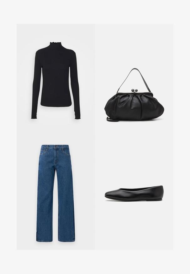 Musta pitkähihainen poolotoppi, joka on valmistettu sileästä kankaasta, jossa on röyhelökaulus ja tiukka siluetti yksinkertaisilla reunoilla.; Siniset korkea vyötäröiset leveät lahkeiset farkut, joissa on etu- ja takataskut, napitus ja näkyvät tikkaukset valkoisella taustalla.; Paul Smith TOPANGA - Ballerinat - black; Musta nahkalaukku, jossa on pyöreä, poimutettu muotoilu. Varustettu metallisella lukolla, jossa on kaksi koristepalloa ja ohut, irrotettava olkahihna.