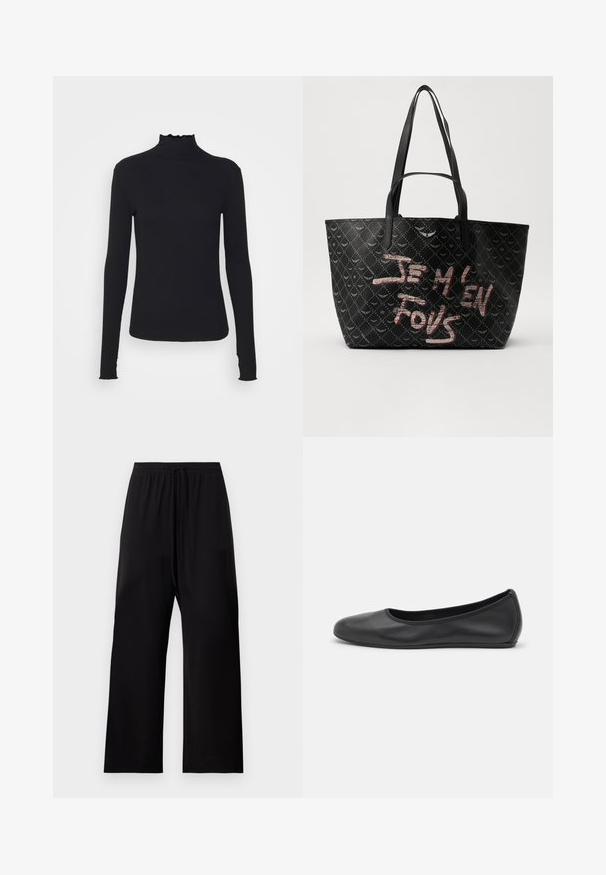 Maglione nero a maniche lunghe con colletto a dolcevita realizzato in tessuto morbido, caratterizzato da un collo arricciato e una silhouette aderente con bordi semplici.; Pantaloni neri a gamba larga realizzati in un tessuto morbido, con una vita elastica dotata di cordoncino. Texture liscia senza motivi distintivi.; Pantofole da balletto nere in pelle con punta arrotondata, texture liscia, dettagli di cucitura minimi e design con suola flessibile.; Borsa tote nera in materiale testurizzato con motivo a diamante, dotata di manici e di un audace testo rosso e bianco che recita "JE M'EN FOUS."
