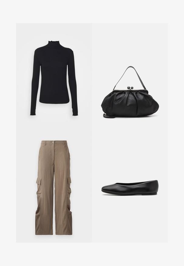 Sort langærmet turtleneck top lavet af glat stof, med en rynket krave og tætsiddende silhuet med enkle kanter.; Cargo bukser i en lysebrun stof, der har et lige ben-design, to sidelommer og to cargo-lommer på lårene.; Paul Smith TOPANGA - Ballerinasko - black; Sort læderpung med et rundt, plisseret design. Har en metalspænde med to dekorative kugler og et slankt, aftageligt rem.