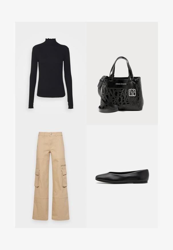 Črn dolg rokav turtleneck zgornji del iz gladkega materiala, ki se ponaša z nabranim ovratnikom in prilegajočim silhueto s preprostimi robovi.; MAX&Co. REGIO - Hlačami s stranskimi žepi - beige; Paul Smith TOPANGA - Balerinke - black; Črna torbica iz sijočnega materiala z embosiranim logotipom, dvema ročajema, odstranljivim naramnim trakom in srebrno knjižico.
