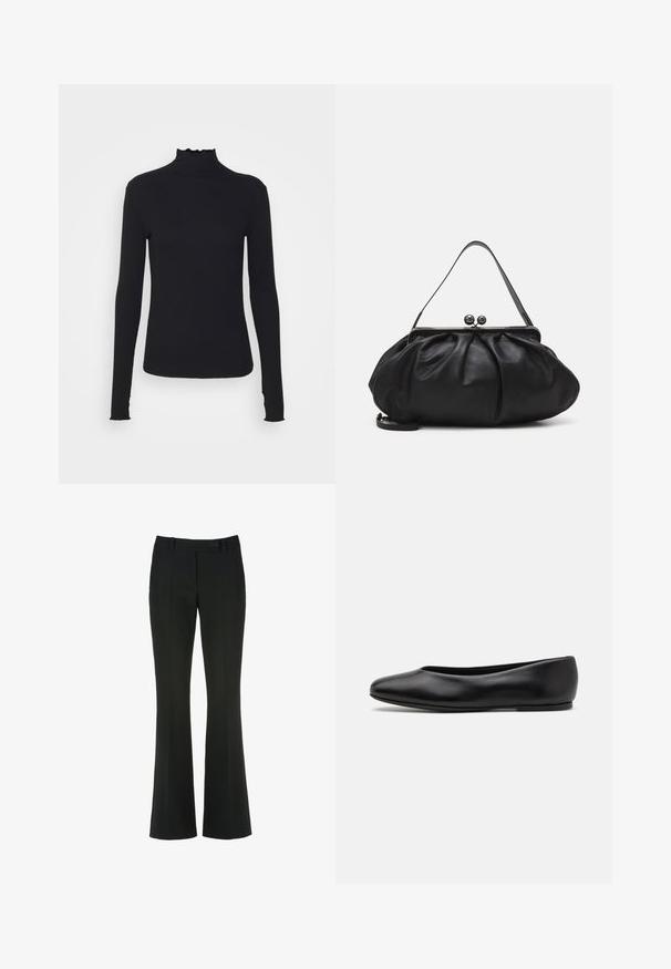 Czarny, długi rękaw, golf z gładkiego materiału, z falbaniastym kołnierzem i dopasowanym krojem z prostymi brzegami.; Czarne spodnie z rozszerzanymi nogawkami, wykonane z gładkiego materiału, z zapięciem na guzik z przodu oraz subtelnymi przeszyciami wzdłuż nogawek.; Paul Smith TOPANGA czarny; Czarna skórzana torebka o zaokrąglonym, plisowanym wzorze. Posiada metalowy zamek z dwoma dekoracyjnymi kulkami oraz smukły, odpinany pasek.