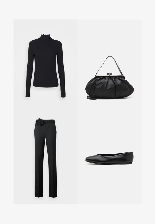 Zwarte langärmelige turtleneck top van soepel stof, met een gerimpelde hals en een aansluitende silhouet met eenvoudige randen.; Zwarte broek met een getailleerde pasvorm, voorzien van een stoffen rozenaccent bij de taille, rechte pijpen en een gladde textuur.; Paul Smith TOPANGA - Ballerina's - black; Zwarte leren handtas met een afgerond, geplooid ontwerp. Voorzien van een metalen sluiting met twee decoratieve bollen en een smalle, afneembare schouderband.