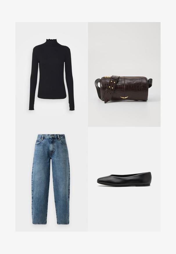 Haut à manches longues noir en col roulé, fabriqué en tissu lisse, présentant un col volanté et une silhouette ajustée avec des bords simples.; Jean en denim bleu clair avec une coupe droite, taille haute et des coutures minimalistes. Style classique à cinq poches avec quincaillerie en métal.; Paul Smith TOPANGA - Ballerines - black; Sac en cuir embossé crocodile marron avec une forme cylindrique, quincaillerie dorée et une bandoulière détachable ornée de clous.; Rabanne XL LINK  DOUBLE HOOP EARRINGS - Boucles d'oreilles - gold-coloured