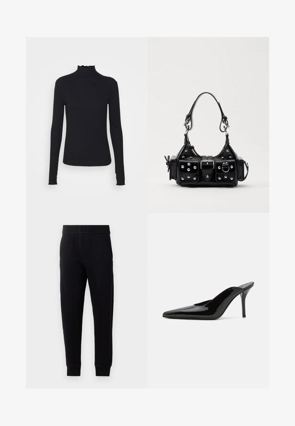 Čierny dlhý rukáv turtleneck top vyrobený z hladkej látky, s volánovým golierom a priliehavou siluetou s jednoduchými okrajmi.; Čierne jogger nohavice vyrobené z jemnej tkaniny, s elastickým pásom, slim fit, bočnými vreckami a zúženými manžetami na členkoch.; Čierne lakované kožené muly na vysokom opätku s špicatou špičkou a elegantným siluetou, ktoré majú otvorenú zadnú časť a štíhly opätok typu stiletto.; Čierna kožená kabelka s zakriveným dizajnom, doplnená striebornými cvočkami, prackou a dvoma bočnými vreckami. Nastaviteľný popruh poskytuje rôzne možnosti nosenia.