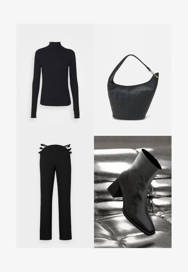 Černý dlouhý rukáv rolák vyrobený z hladkého materiálu, s volánkovým límcem a přiléhavým střihem s jednoduchými okraji.; Černé kalhoty se rovnými nohavicemi, s páskem se černými stuhami na zadní straně. Hladká tkanina bez viditelných vzorů.; Černá kotníková bota vyrobená z lesklého materiálu se čtveratou špičkou a zúženým podpatkem, umístěná na lesklém stříbrném prošívaném pozadí.; Černá kožená kabelka zaobleného tvaru, s širokým popruhem a texturovaným povrchem. Obsahuje jemné švy a akcenty ve zlatém tónu.