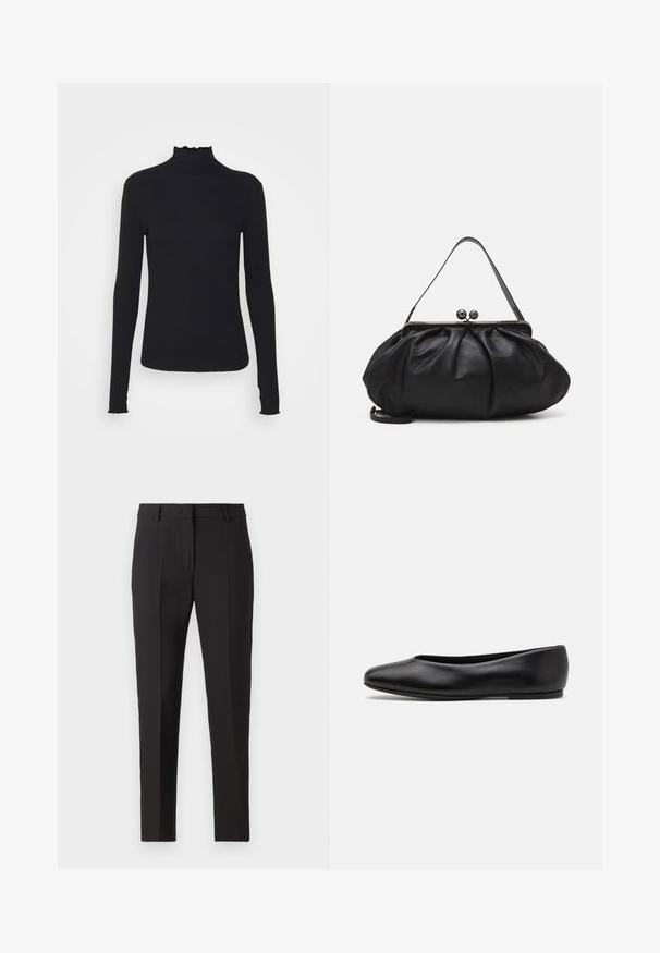 Zwarte langärmelige turtleneck top van soepel stof, met een gerimpelde hals en een aansluitende silhouet met eenvoudige randen.; Zwarte op maat gemaakte broek met een rechte pijp, voorzien van een vlakke voorkant, riemlussen en zonder zichtbare patronen of versieringen.; Paul Smith TOPANGA - Ballerina's - black; Zwarte leren handtas met een afgerond, geplooid ontwerp. Voorzien van een metalen sluiting met twee decoratieve bollen en een smalle, afneembare schouderband.