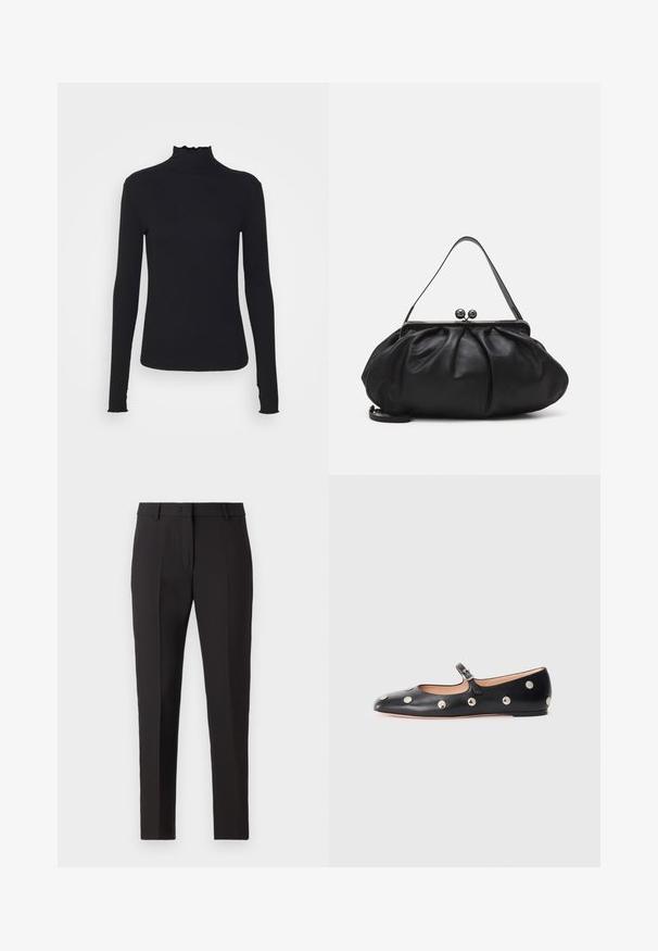 Sort langærmet turtleneck top lavet af glat stof, med en rynket krave og tætsiddende silhuet med enkle kanter.; Sorte skræddersyede bukser med lige ben, der har flad front, bæltestropper og ingen synlige mønstre eller udsmykninger.; Sorte læder Mary Jane flad sko med en rund tå, udstyret med sølvfarvede runde nitter og en justerbar rem med spænde.; Sort læderpung med et rundt, plisseret design. Har en metalspænde med to dekorative kugler og et slankt, aftageligt rem.