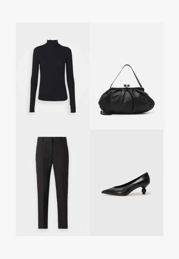 Sort langærmet turtleneck top lavet af glat stof, med en rynket krave og tætsiddende silhuet med enkle kanter.; Sorte skræddersyede bukser med lige ben, der har flad front, bæltestropper og ingen synlige mønstre eller udsmykninger.; Sort læder høje hæle med spids tå og rund, kugleformet hæl. Glat tekstur med et stilrent, minimalistisk design.; Sort læderpung med et rundt, plisseret design. Har en metalspænde med to dekorative kugler og et slankt, aftageligt rem.