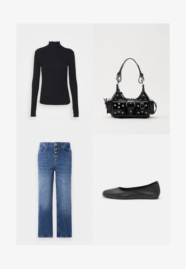 Črn dolg rokav turtleneck zgornji del iz gladkega materiala, ki se ponaša z nabranim ovratnikom in prilegajočim silhueto s preprostimi robovi.; Modre kavbojke z višjim pasom, zapiranjem s petimi gumbi na sprednji strani, ravnimi hlačnicami in rahlim zbledelostjo. Klasičen pet-pocket dizajn.; Črne usnjene balerinke z zaobljenim nosom, gladko teksturo, minimalnimi šivi in fleksibilno zasnovo podplata.; Črna usnjena torbica s ukrivljenim dizajnom, ki vsebuje srebrne žebljičke, zaponko in dve stranski žepki. Nastavljiv trak za različne možnosti nošenja.