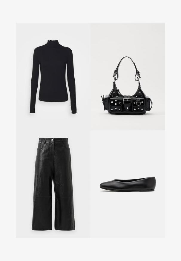 Schwarz, langärmliges Turtleneck-Oberteil aus glattem Material, mit einem gerafften Kragen und einer enganliegenden Silhouette mit einfachen Kanten.; Schwarze Leder Schlaghosen mit glatter Oberfläche, ausgestattet mit einem Reißverschluss und Fronttaschen. Minimalistisches Design mit verkürzter Länge.; Paul Smith TOPANGA - Klassischer Ballerina - black; Schwarze Lederhandtasche mit einem geschwungenen Design, verziert mit silbernen Nieten, einer Schnalle und zwei seitlichen Taschen. Verstellbarer Träger für verschiedene Tragemöglichkeiten.