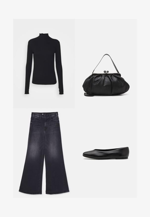 Top negro de manga larga con cuello alto, hecho de tejido suave, que presenta un cuello con volantes y una silueta ajustada con bordes simples.; Mother LIL HUSTLER ROLLER SNEAK - Pernera ancha - not today satan; Paul Smith TOPANGA - Bailarinas - black; Bolso de mano de cuero negro con un diseño redondeado y plisado. Cuenta con un cierre metálico con dos bolas decorativas y una correa delgada y desmontable.
