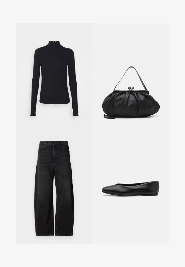 Top negro de manga larga con cuello alto, hecho de tejido suave, que presenta un cuello con volantes y una silueta ajustada con bordes simples.; Vaqueros de denim negros de pierna ancha, hechos de tela resistente, que presentan una cintura alta, grandes bolsillos frontales y un diseño de costura limpio y minimalista.; Paul Smith TOPANGA - Bailarinas - black; Bolso de mano de cuero negro con un diseño redondeado y plisado. Cuenta con un cierre metálico con dos bolas decorativas y una correa delgada y desmontable.