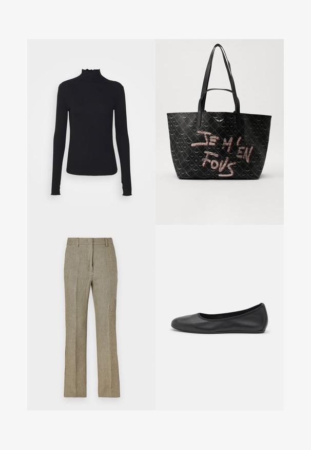 Must kannus varrukatega turtleneck, mis on valmistatud siledast kangast, koos rippuvate kraede ja liibuva siluetiga, millel on lihtsad servad.; Beežid ja mustad ruudulised kohandatud püksid otse säärega, millel on vööde aukud ja küljetaskud, valmistatud siledast kangast.; Musthave mustika tantsutossud mustast nahast, ümmarguse varbaga, siledast tekstuurist, minimaalse õmblusdetailiga ja paindliku tallakujundusega.; Must kuhja musta kotiga, tekstureeritud materjaliga, mis on kaetud rombikujuliste mustritega. Kotil on õlavarre rihmad ja julged punased ja valged tekstid, mis ütlevad "JE M'EN FOUS."