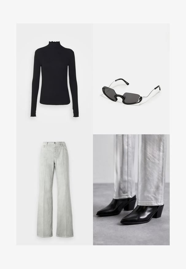 Black long-sleeve turtleneck top made of smooth fabric, featuring a ruffled neck and fitted silhouette with simple edges.; Light gray flared jeans, made from denim, featuring a high waist, five-pocket design, and a clean finish with minimal stitching details.; Black leather ankle boots with a pointed toe and block heel, paired with shiny silver pants, showcasing sleek textures and contrasting colors.; Black sunglasses with a unique shield shape, featuring dark lenses and thin silver metal arms. The frames have rounded accents and a bold design.