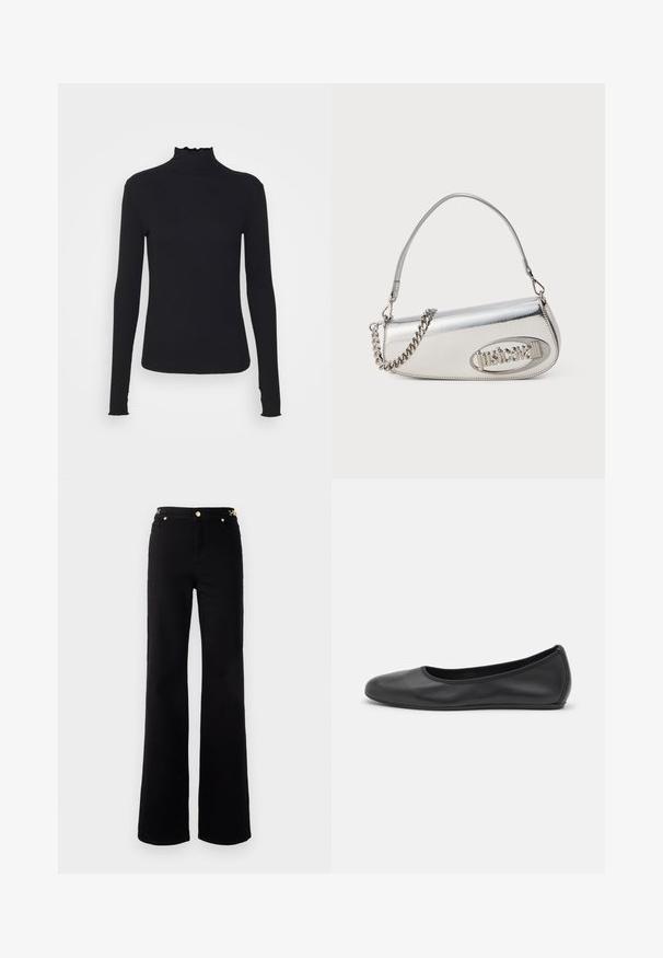 Svart langermet genser med høy hals laget av glatt stoff, med volangkant ved halsen og kroppsnær silhuett med enkle kanter.; Sorte flared jeans med en glat tekstur, der har en guldfarvet hardwaredetalje ved livet og et klassisk fem-lomme design.; Svart skinnballettflatt med rund tå, glatt tekstur, minimal sømdetalj, og et fleksibelt såledesign.; Sølv metallisk håndveske med en rundet trekantform, preget av en logo, kjedehåndtak og glatt tekstur. Glidelåslukking på siden.