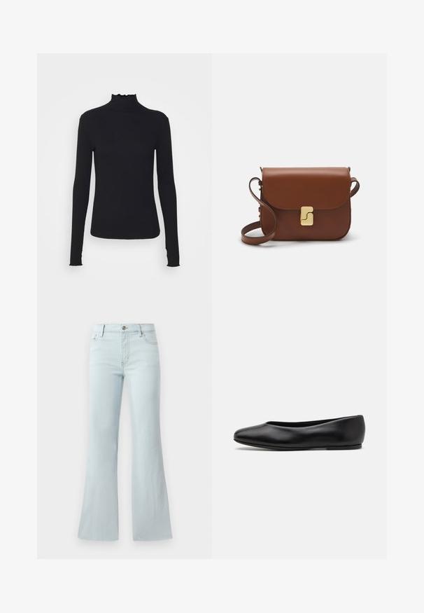 Musta pitkähihainen poolotoppi, joka on valmistettu sileästä kankaasta, jossa on röyhelökaulus ja tiukka siluetti yksinkertaisilla reunoilla.; Vaaleansiniset haalarifarkut, valmistettu denimmateriaalista. Ominaisuuksina klassinen viiden taskun muotoilu ja etupainike. Sileä pinta kauttaaltaan.; Paul Smith TOPANGA - Ballerinat - black; Ruskea nahkainen käsilaukku, jossa on läppäkiinnitys, kultasävyiset yksityiskohdat, olkahihna ja sileä pinta. Kompaktin suorakaiteen muotoinen.