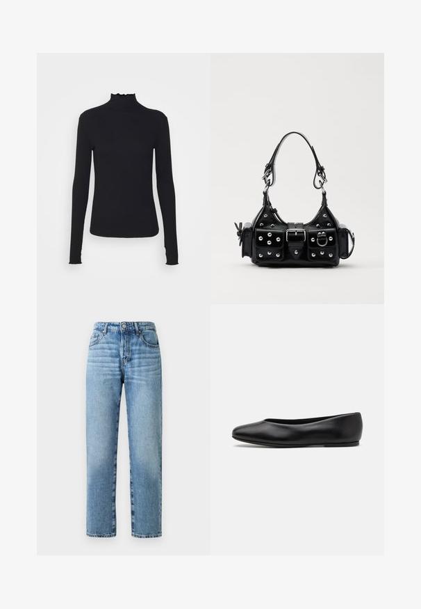 Top preto de manga longa com gola alta, feito de um tecido suave, apresentando uma gola fruncida e uma silhueta ajustada com bordas simples.; Jeans de denim azul claro com um design de perna reta, costura visível, fecho de botão e estilo de cinco bolsos.; Paul Smith TOPANGA - Sabrinas - black; Bolsa de couro preta com um design curvado, apresentando tachas prateadas, uma fivela e dois bolsos laterais. Alça ajustável para opções de transporte.