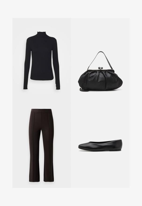 Haut à manches longues noir en col roulé, fabriqué en tissu lisse, présentant un col volanté et une silhouette ajustée avec des bords simples.; Pantalons noirs ajustés avec une taille cintrée, devant plat et légères évasements à l'ourlet, fabriqués dans un tissu lisse et extensible.; Paul Smith TOPANGA - Ballerines - black; Sac à main en cuir noir avec un design arrondi et plissé. Il possède un fermoir métallique avec deux boules décoratives et une bandoulière fine et amovible.