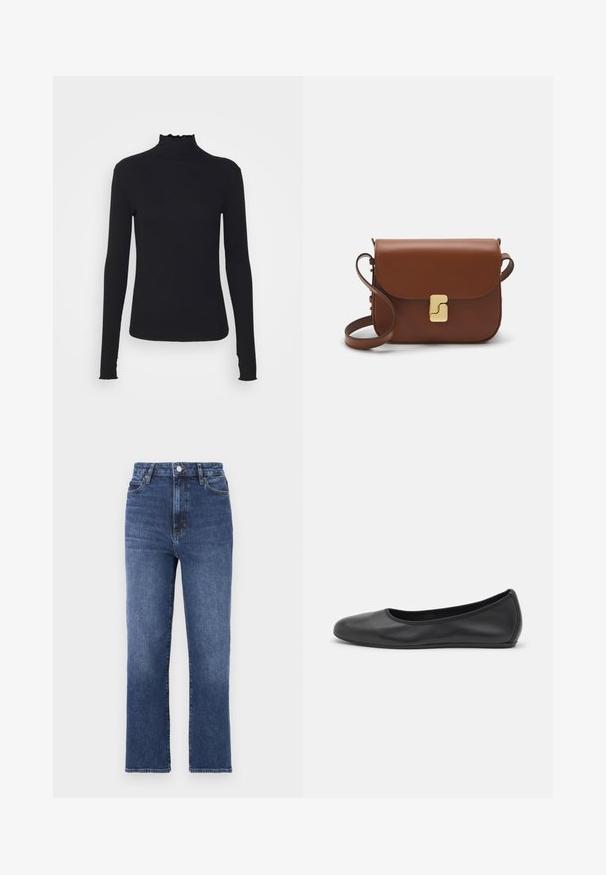 Must kannus varrukatega turtleneck, mis on valmistatud siledast kangast, koos rippuvate kraede ja liibuva siluetiga, millel on lihtsad servad.; Sinised sirge säärega teksad, mis on valmistatud denimist, kõrge vöökoha, viie-tasku disaini ja metallnööbiga sulgemisega vöökoha ääres.; Musthave mustika tantsutossud mustast nahast, ümmarguse varbaga, siledast tekstuurist, minimaalse õmblusdetailiga ja paindliku tallakujundusega.; Pruunist nahast käekott, millel on klapiga sulgur, kuldne riistvara, õlarihm ja sile tekstuur. Kompaktne ristkülikukujuline vorm.