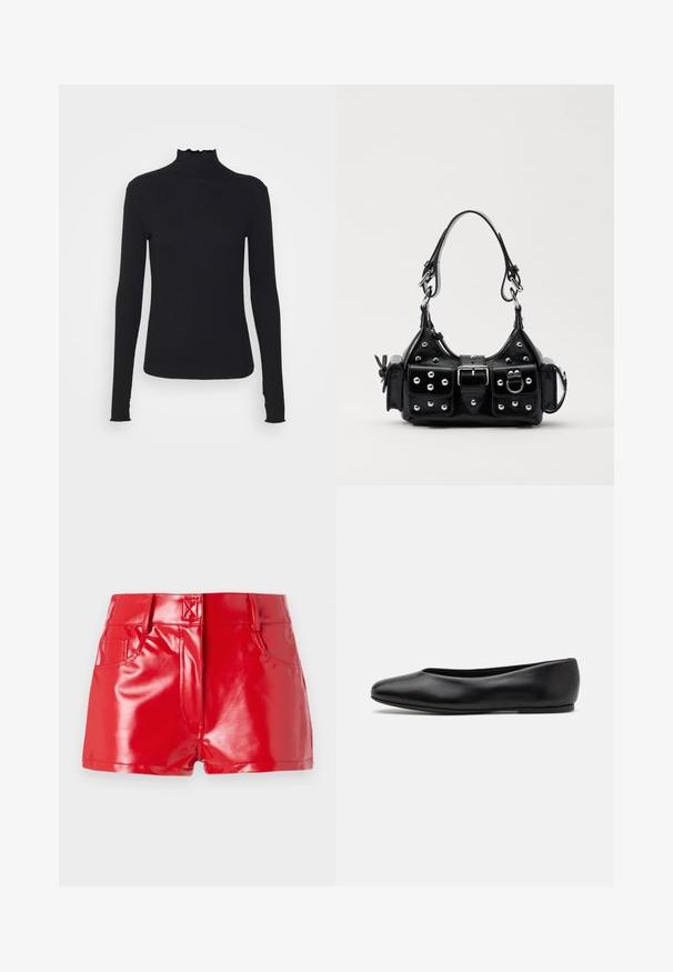 Crni dugi rukav turtleneck majica izrađena od glatkog materijala, s volanima oko vrata i uskim siluetom s jednostavnim rubovima.; Crvene kratke hlače od umjetne kože s sjajnom završnom obradom, s visokim strukom, prednjim džepovima i detaljima šivanja. Strukturalni, prilagođeni dizajn.; Paul Smith TOPANGA - Balerinke - black; Crna kožna torba s zakrivljenim dizajnom, koja sadrži srebrne zakovice, kopču i dva bočna džepa. Podesiva traka za različite opcije nošenja.