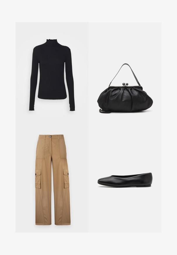 Crni dugi rukav turtleneck majica izrađena od glatkog materijala, s volanima oko vrata i uskim siluetom s jednostavnim rubovima.; Khaaki cargo hlače širokih nogavica, sadrže dva bočna džepa, kopčanje na dugme i glatku, izdržljivu teksturu tkanine.; Paul Smith TOPANGA - Balerinke - black; Crna kožna torba s zaobljenim, naboranim dizajnom. Ima metalnu kopču s dva ukrasna gumba i tanki, odvojivi remen.