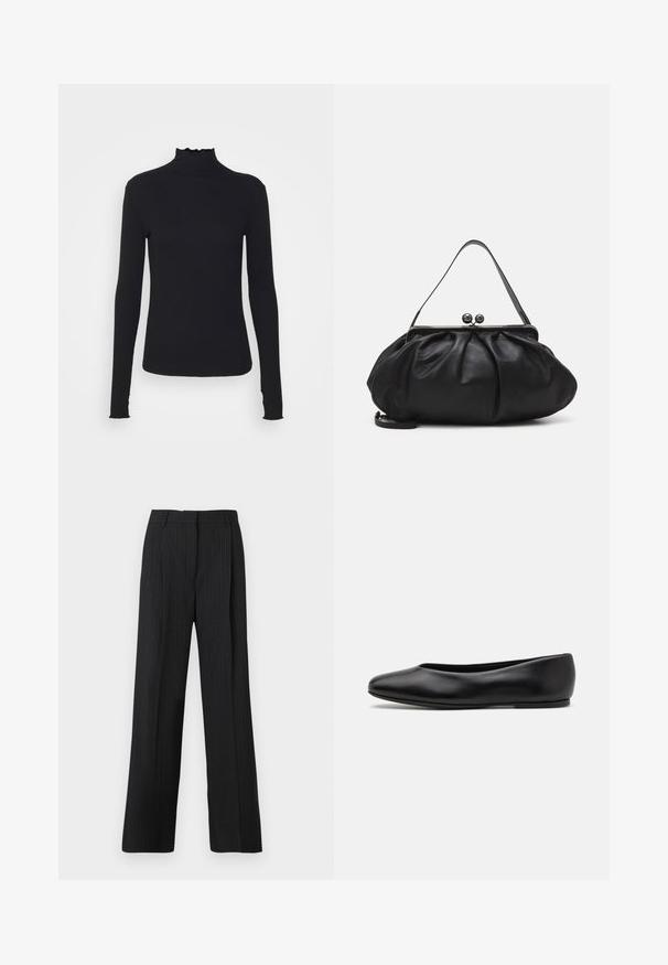 Musta pitkähihainen poolotoppi, joka on valmistettu sileästä kankaasta, jossa on röyhelökaulus ja tiukka siluetti yksinkertaisilla reunoilla.; Musta raidallinen housut rentoa istuvuutta, jossa on litteä etuosa, kaksi sivutaskua ja sileä kankaan tekstuuri.; Paul Smith TOPANGA - Ballerinat - black; Musta nahkalaukku, jossa on pyöreä, poimutettu muotoilu. Varustettu metallisella lukolla, jossa on kaksi koristepalloa ja ohut, irrotettava olkahihna.
