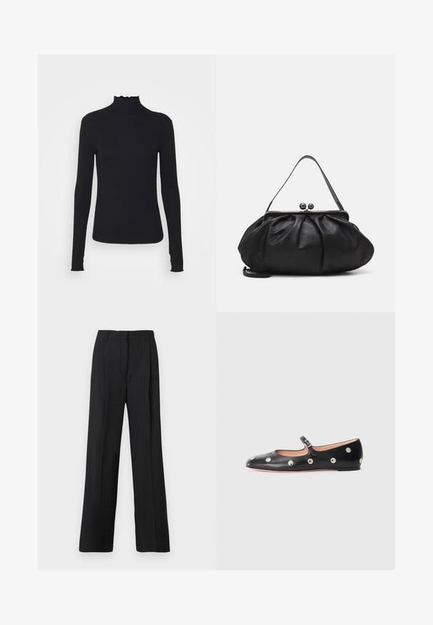 Top negro de manga larga con cuello alto, hecho de tejido suave, que presenta un cuello con volantes y una silueta ajustada con bordes simples.; Pantalones de rayas negras con un corte relajado, que presentan un frente plano, dos bolsillos laterales y una textura de tela suave.; Zapato plano tipo Mary Jane de cuero negro con punta redonda, adornado con tachuelas circulares plateadas y una correa ajustable con hebilla.; Bolso de mano de cuero negro con un diseño redondeado y plisado. Cuenta con un cierre metálico con dos bolas decorativas y una correa delgada y desmontable.
