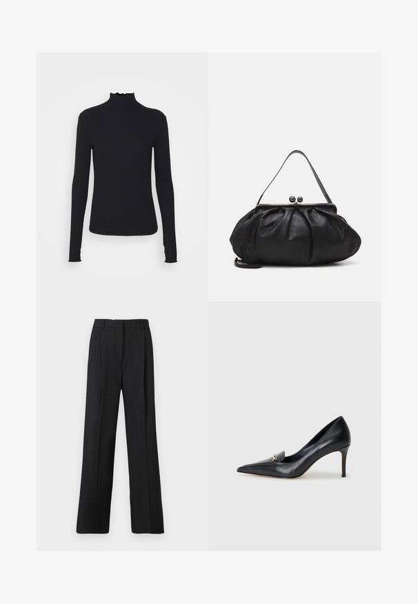Fekete, hosszú ujjú, garbós felső sima anyagból, fodros gallérral és illeszkedő sziluettel, egyszerű élekkel.; Fekete csíkos nadrág, laza szabással, lapos elülső résszel, két oldalzsebbel és sima anyag textúrával.; Fekete bőr magassarkú cipő hegyes orral, alacsony dekoltázzsal és díszes arany részlettel. Stiletto sarokkal és sima felülettel rendelkezik.; Fekete bőr kézitáska lekerekített, pliszírozott dizájnnal. Fémes zárja két dekoratív golyóval és egy vékony, lecsatolható pánttal rendelkezik.